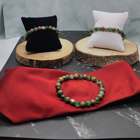 Bracelet Homme Perles Vertes et Marron Intercalaire Argenté