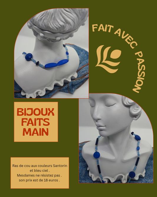 Ras de cou aux couleurs Santorin et bleu ciel . Mesdames ne résistez pas, ce bijoux est fait pour vous . C'est une pièce unique faite de mes propres mains avec passion .