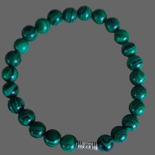 Bracelet homme perles vertes sapin et intercalaire argenté - Bijou artisanal