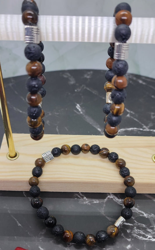 Bracelet homme perles noires et marron intercalaire argenté